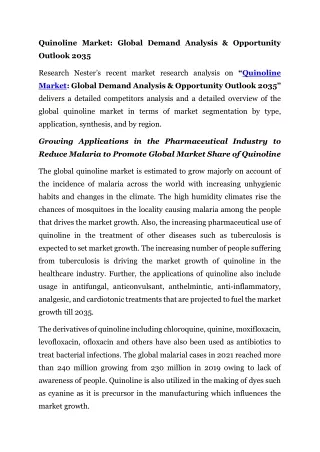 Quinoline Market: Global Demand Analysis & Opportunity Outlook 2035