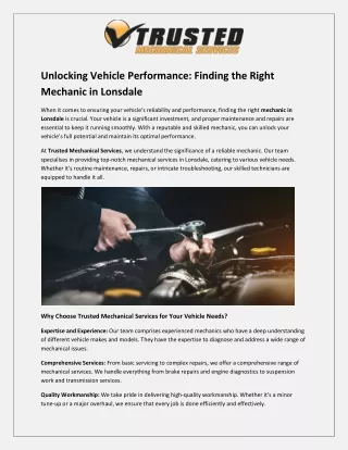 Unlocking Vehicle Performance - Finding the Right Mechanic in Lonsdale