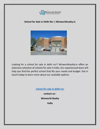 School for Sale in Delhi Ncr | Winworldrealty.in