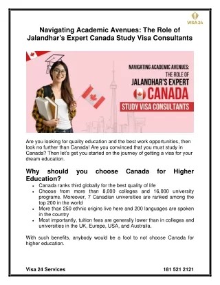 Navigating Academic Avenues The Role of Jalandhar's Expert Canada Study Visa Consultants
