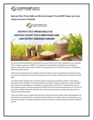 4 Basmati Rice Prices Rally as Minimum Export Price (MEP) Eases and Low Output Concerns Subside