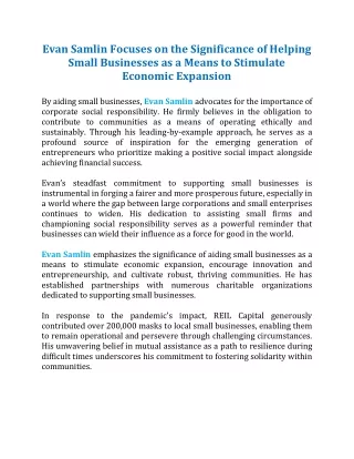 Evan Samlin Focuses on the Significance of Helping Small Businesses as a Means to Stimulate Economic Expansion