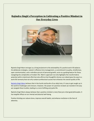 Rajindra Singh’s Perception in Cultivating a Positive Mindset in Our Everyday Lives