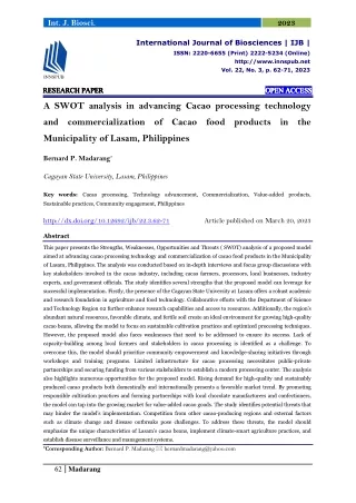 A SWOT analysis in advancing Cacao processing technology and commercialization