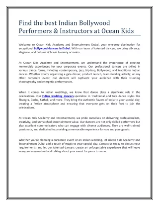 Find the best Indian Bollywood Performers & Instructors at Ocean Kids