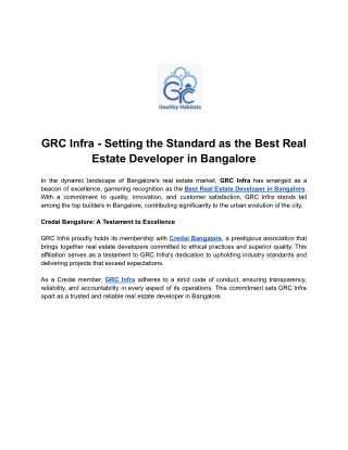 GRC Infra - Setting the Standard as the Best Real Estate Developer in Bangalore