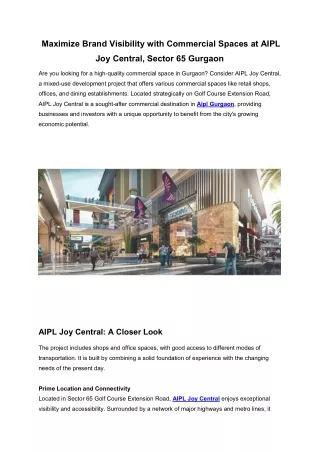 Maximize Brand Visibility with Commercial Spaces at AIPL Joy Central, Sector 65 Gurgaon