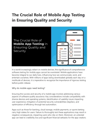 The Crucial Role of Mobile App Testing in Ensuring Quality and Security