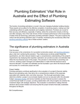 Plumbing Estimators' Vital Role in Australia and the Effect of Plumbing Estimating Software