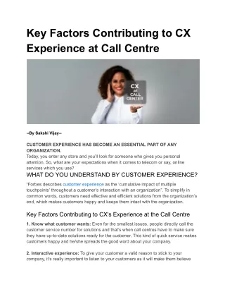 Key Factors Contributing to CX Experience at Call Centre
