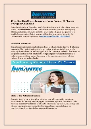 Unveiling Excellence: Inmantec - Your Premier D Pharma College in Ghaziabad