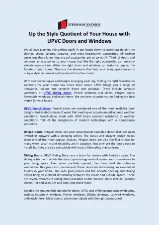 Up the Style Quotient of Your House with UPVC Doors and Windows