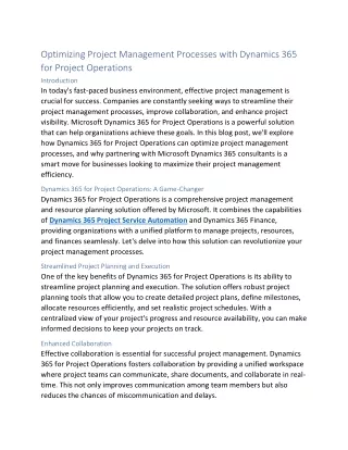 Optimizing Project Management Processes with Dynamics 365 for Project Operations