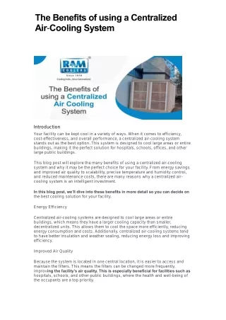 The Benefits of using a Centralized Air Cooling - Ramcoolers