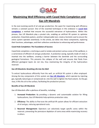 Maximizing Well Efficiency with Cased Hole Completion and Gas Lift Mandrels