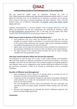 Understanding the Role of Sand Management in Oil and Gas Well