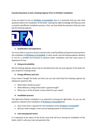 Essential Questions to Ask a Heating Engineer Prior to Oil Boiler Installation