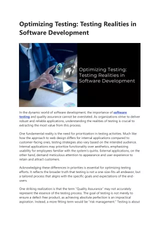 Optimizing Testing: Testing Realities in Software Development