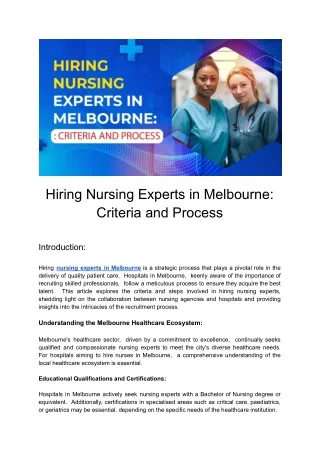 Engaging Nursing Experts in Melbourne: The Selection Criteria and Process