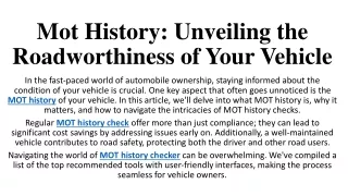 Mot History Unveiling the Roadworthiness of Your Vehicle