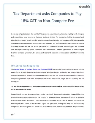 Tax Department Directs Companies to Remit 18% GST on Non-Compete Fees