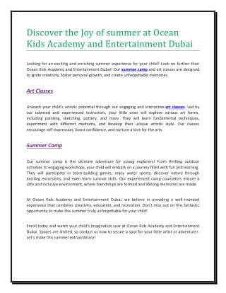 Discover the Joy of summer at Ocean Kids Academy and Entertainment Dubai