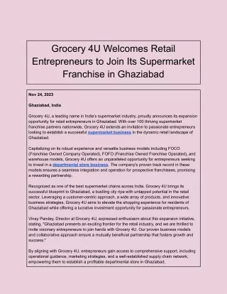 Grocery 4U Welcomes Retail Entrepreneurs to Join Its Supermarket Franchise in Ghaziabad