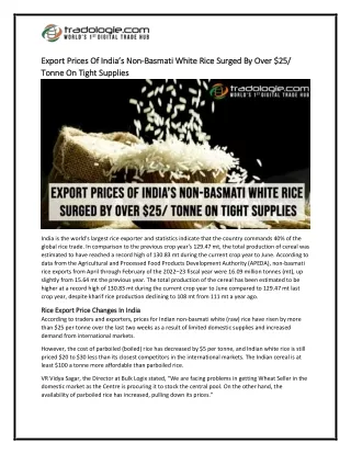 21 Export Prices Of India s Non-Basmati White Rice Surged By Over 25 Tonne On Tight Supplies