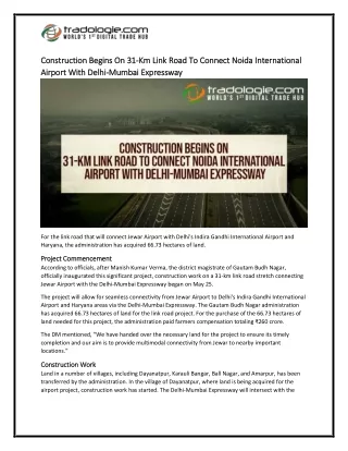 22 Construction Begins On 31 Km Link Road To Connect Noida International Airport With Delhi Mumbai Expressway