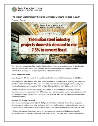 23 The Indian Steel Industry Projects Domestic Demand To Rise 7.5  In Current Fiscal