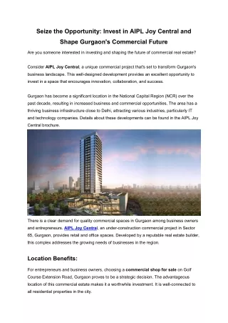 Seize the Opportunity Invest in AIPL Joy Central and Shape Gurgaon's Commercial Future