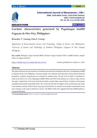 Leachate characteristics generated by Pagalungan landfill Cagayan de Oro City