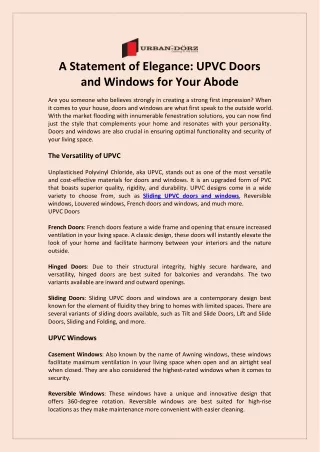 A Statement of Elegance UPVC Doors and Windows for Your Abode