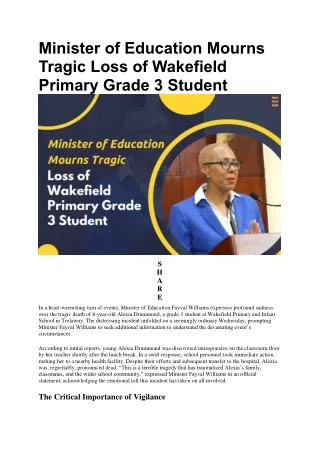 Minister of Education Fayval Williams Mourns Tragic Loss of Wakefield Primary Gr