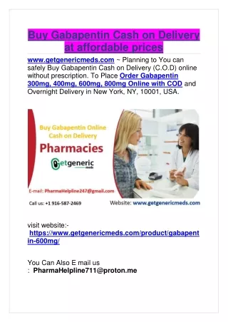 Buy Gabapentin Cash on Delivery at affordable prices