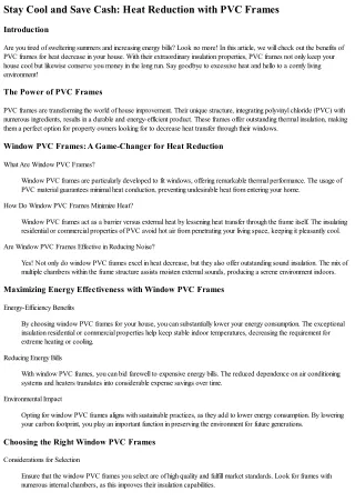 Stay Cool and Conserve Cash: Heat Decrease with PVC Frames