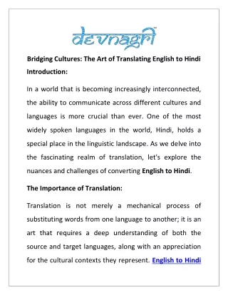 Bridging Cultures: The Art of Translating English to Hindi