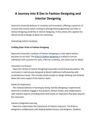 A Journey into B Des in Fashion Designing and Interior Designing
