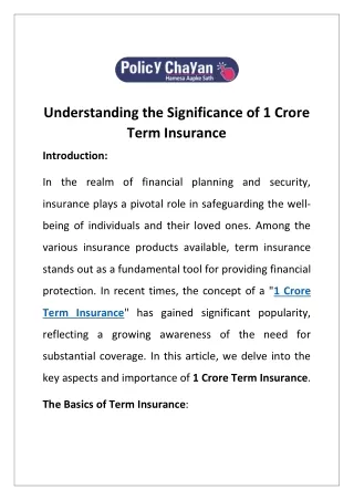 Understanding the Significance of 1 Crore Term Insurance