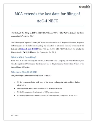 MCA Extends Deadline for Filing AoC-4 NBFC