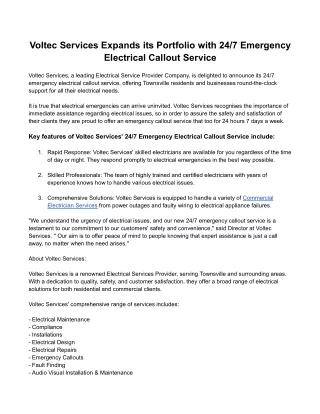 Voltec Services Expands its Portfolio with Emergency Electrical Callout Services