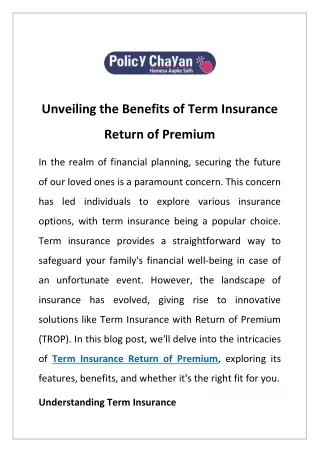 Unveiling the Benefits of Term Insurance Return of Premium