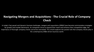 Navigating Mergers and Acquisitions - The Crucial Role of Company Checks