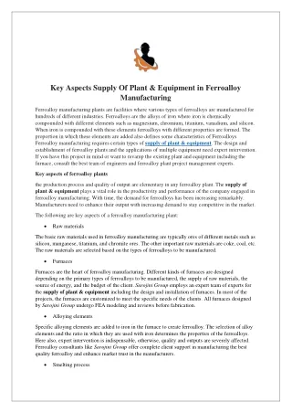 Key Aspects Supply Of Plant & Equipment in Ferroalloy Manufacturing