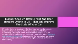 Bumper Shop UK Offers Front And Rear Bumpers Online in UK That Will Improve The Style Of Your Car