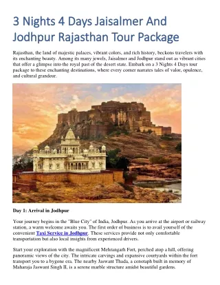 3 Nights 4 Days Jaisalmer And Jodhpur Rajasthan Tour Package