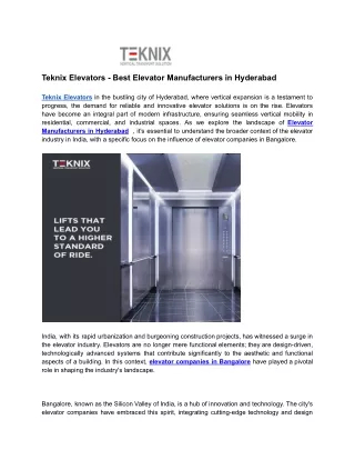 Teknix Elevators - Best Elevator Manufacturers in Hyderabad