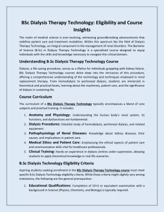 BSc Dialysis Therapy Technology Eligibility and Course Insights