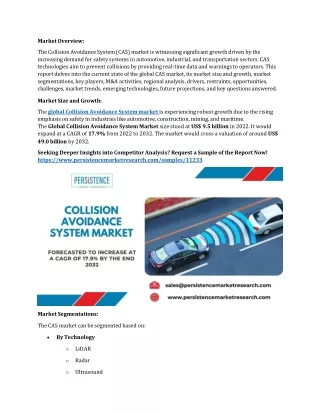 Collision Avoidance System Market Opportunities, Capital Investment, Top Players