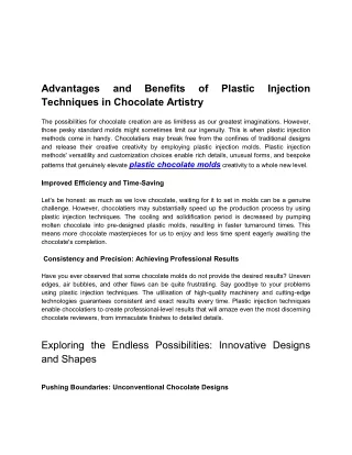 Advantages and Benefits of Plastic Injection Techniques in Chocolate Artistry